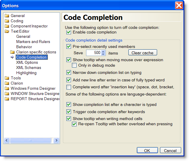 Clarion 7 Code Completion Options
