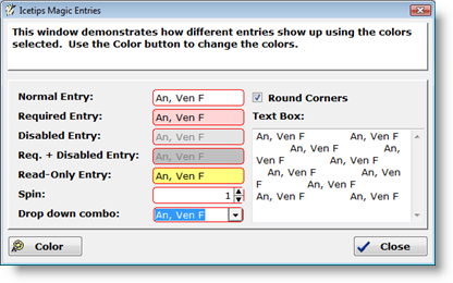 Demo window with differt color indicating various control properties and round corners