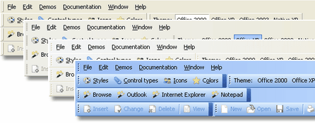 Shows different toolbar styles and themes